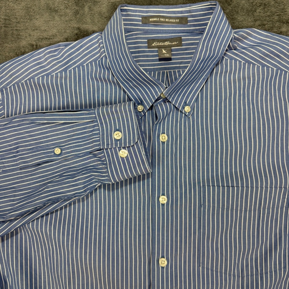Eddie‎ Bauer Button Down Shirt Men TXL Blue Striped Wrinkle Free 11401499